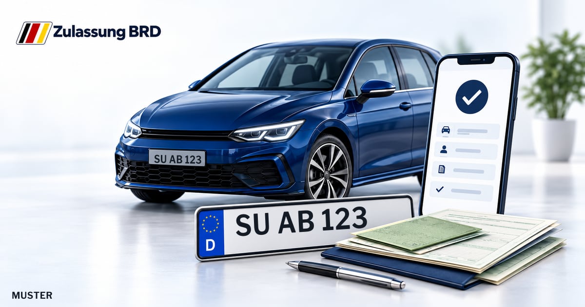Online Fahrzeugzulassung in Meckenheim: Musterkennzeichen SU AB 123, Auto und Fahrzeugpapiere und Smartphone. Illustration mit Logo von Zulassung BRD.